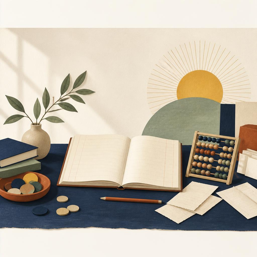 Open ledger next to an abacus and coins, an editorial scene about organizing accounts and taxes.